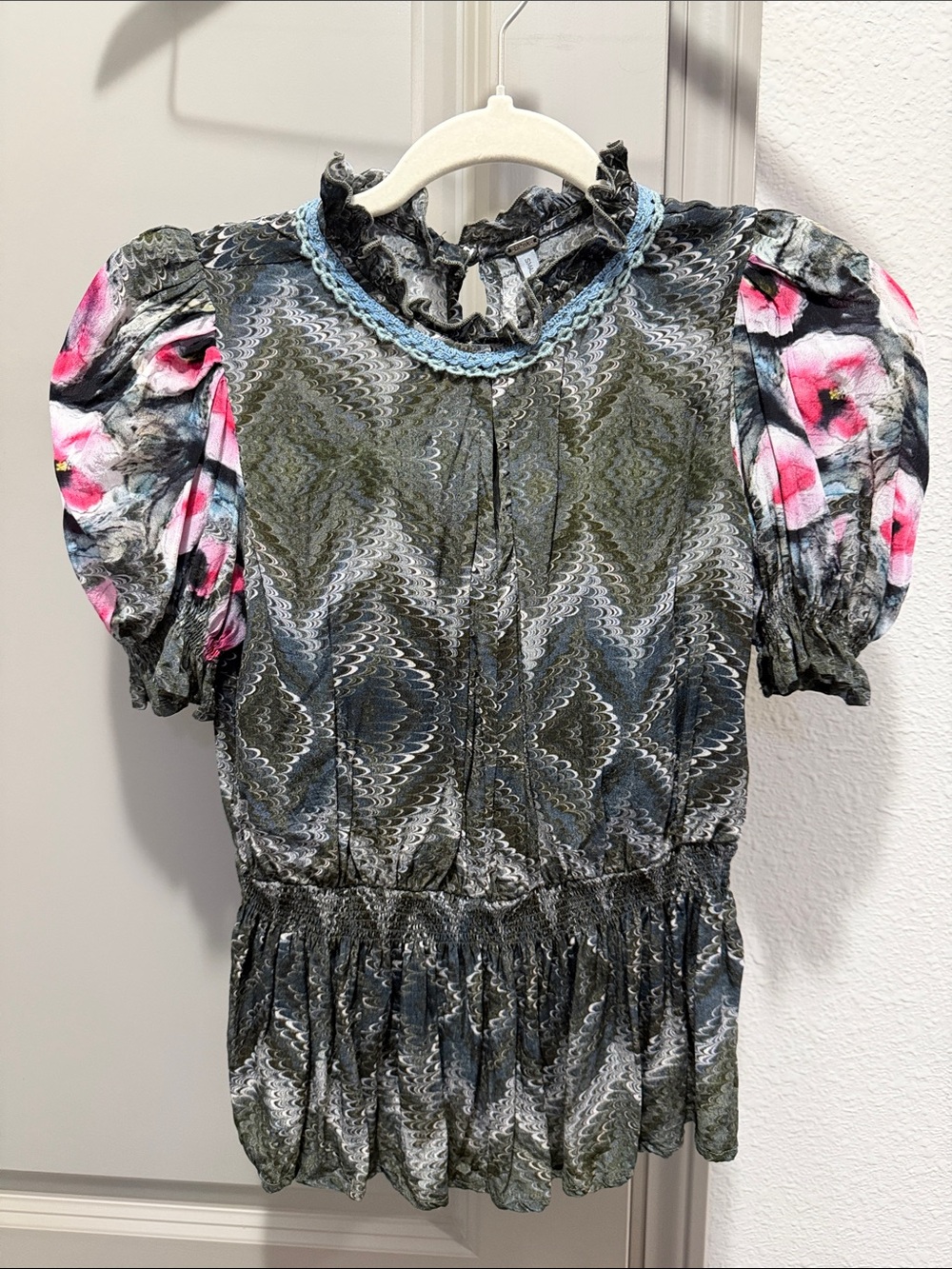 Bl-nk London anthropologie black gray print smocked pink floral blouse top S